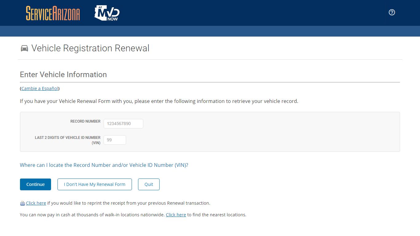 Enter Record Number & Last 2 Digits of VIN - ServiceArizona